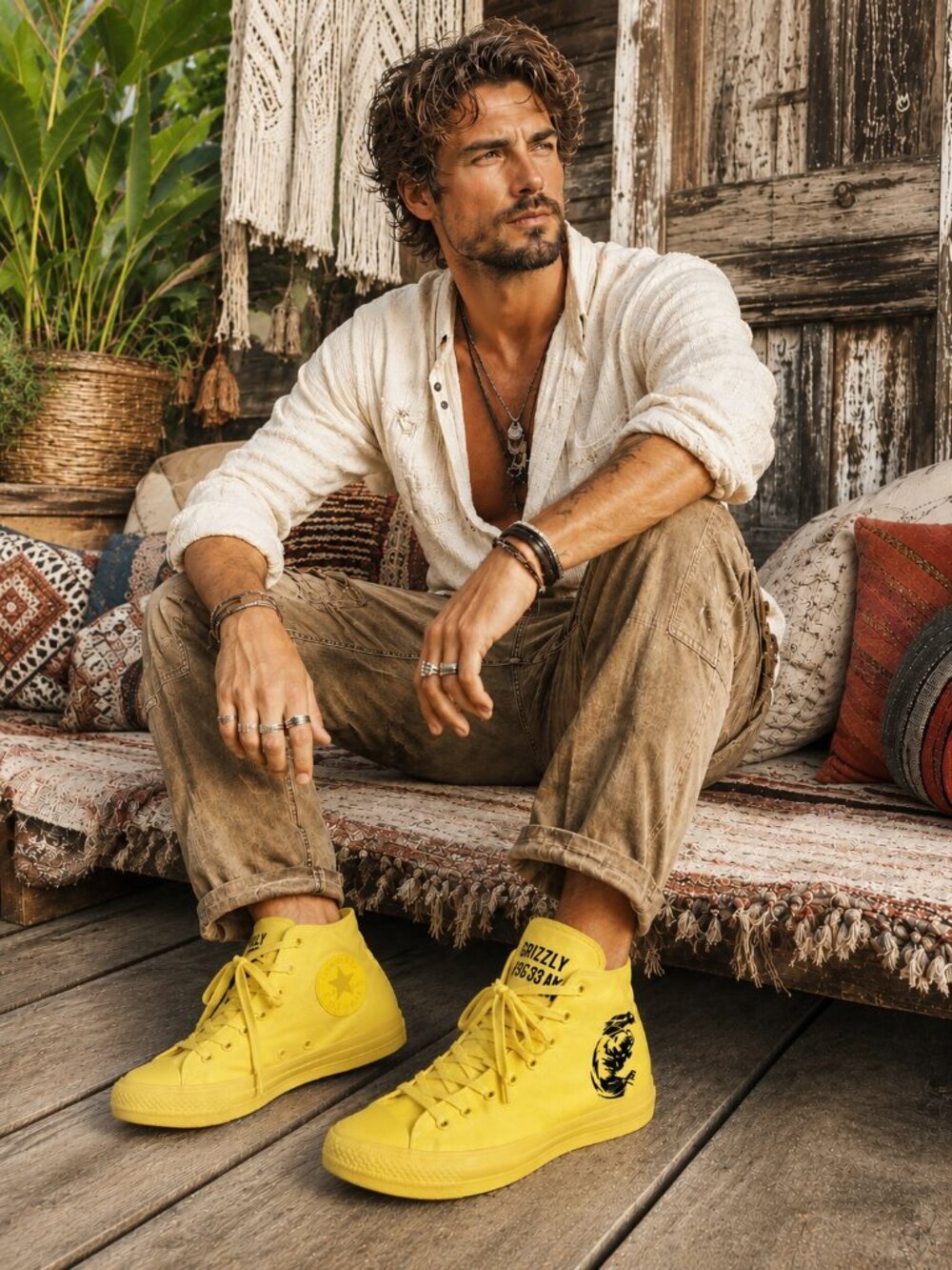 Converse All Star Chuck Taylor Aurora Yellow Custom Canvas Lace Up High Tops - Picture 2 of 12